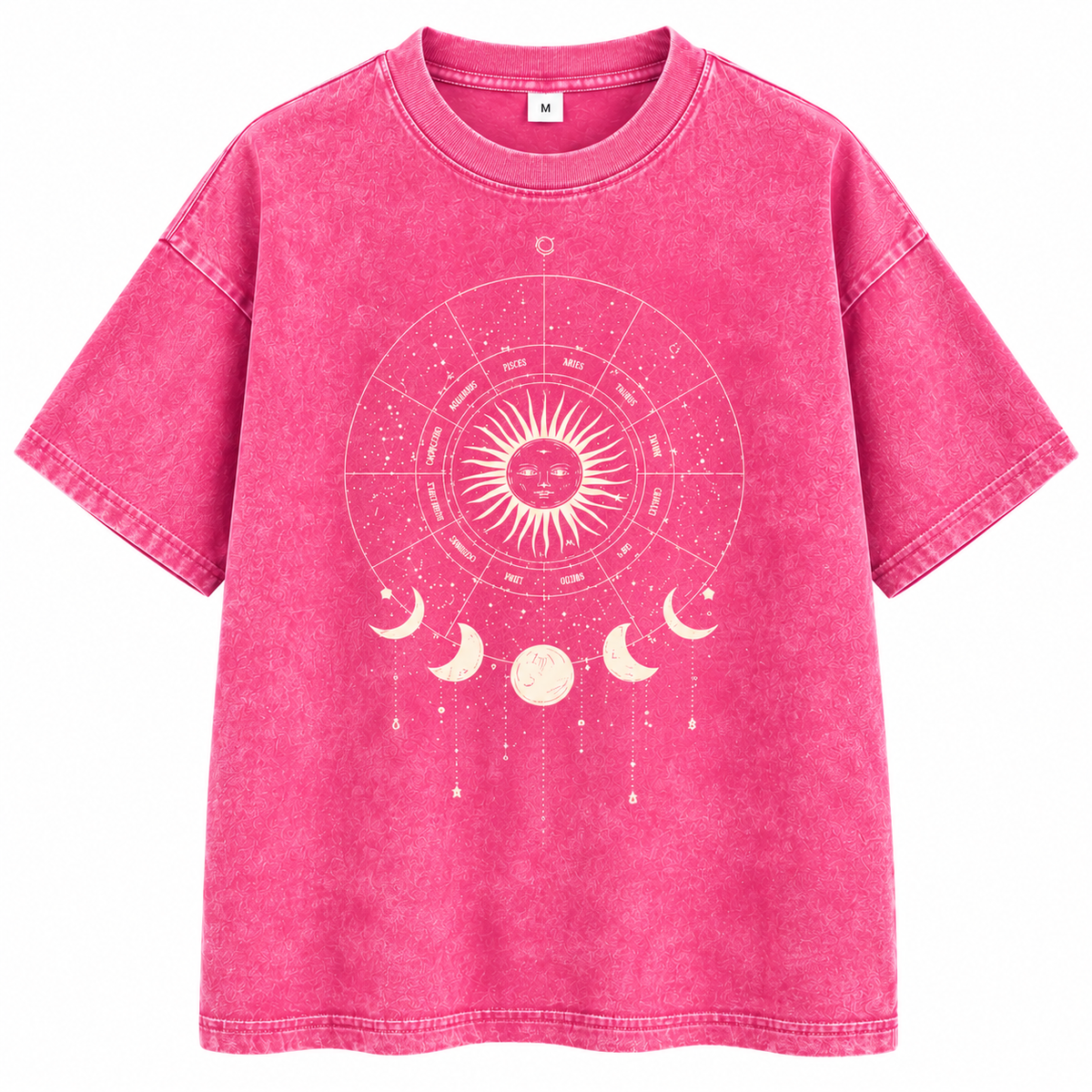 Celestial Moon Phase Pink Acid Wash T-Shirt