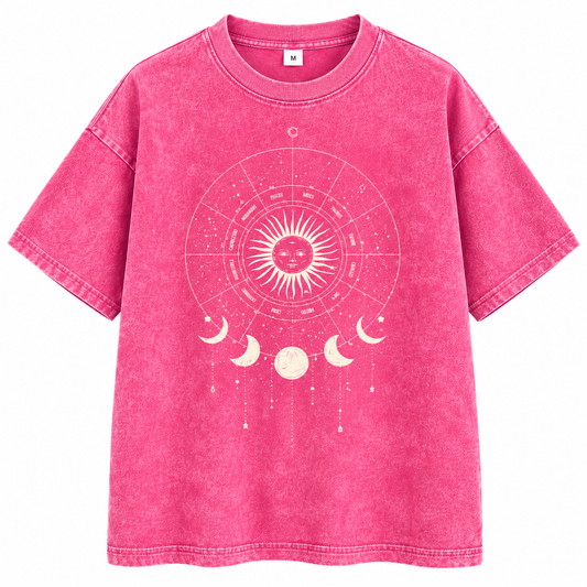 Celestial Moon Phase Pink Acid Wash T-Shirt