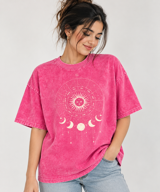 Celestial Moon Phase Pink Acid Wash T-Shirt