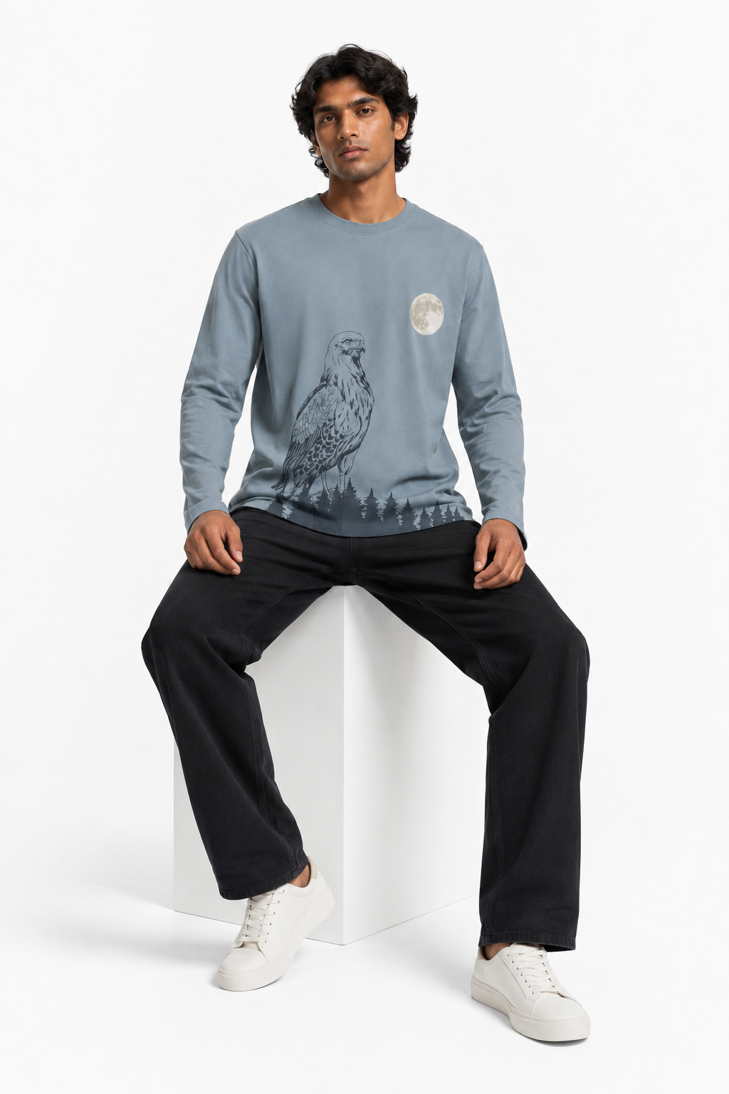 Moonlit Eagle Graphic Long-Sleeve Cotton T-Shirt – Slate Blue