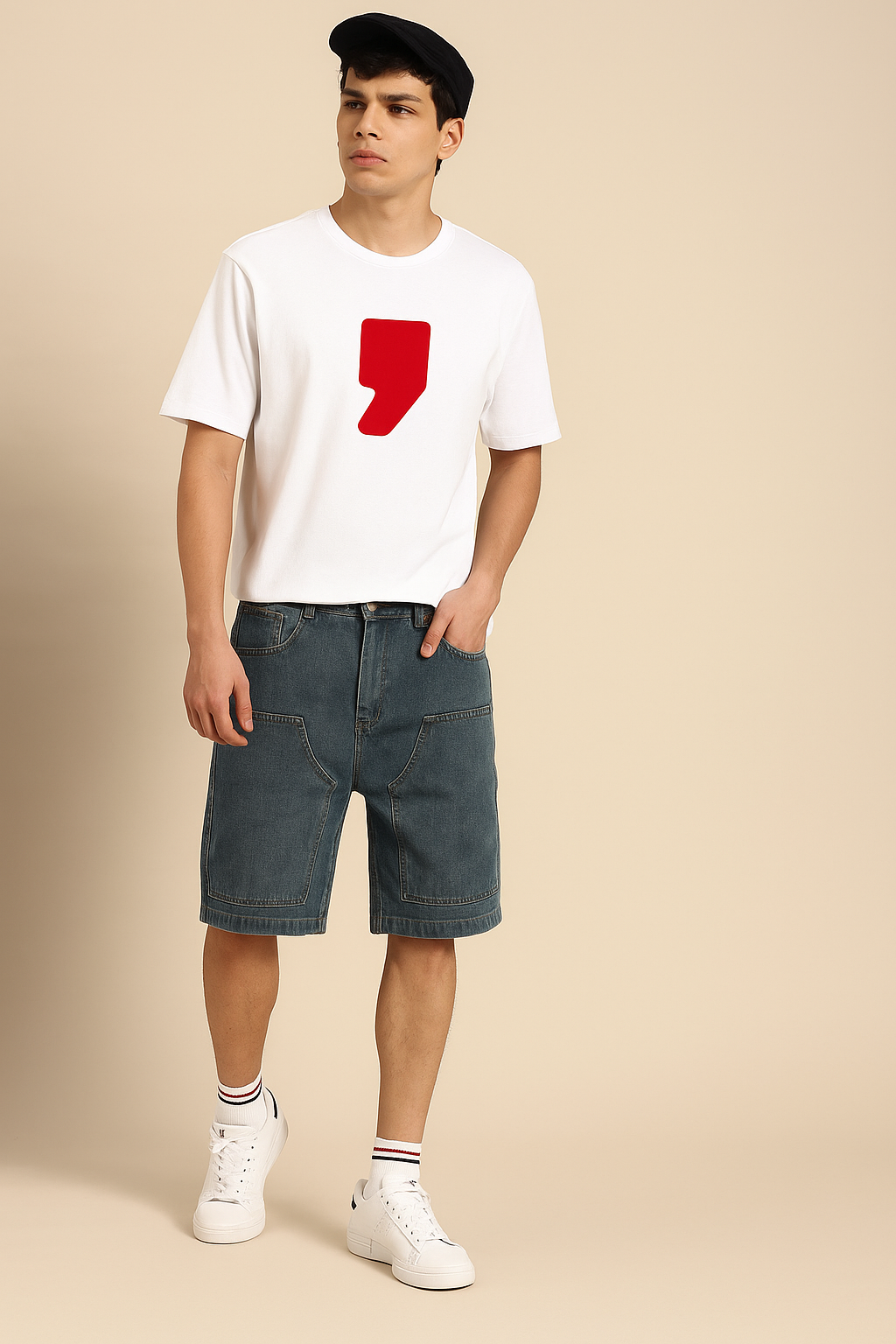 Premium White Cotton T-Shirt with Bold Red Minimalist Print