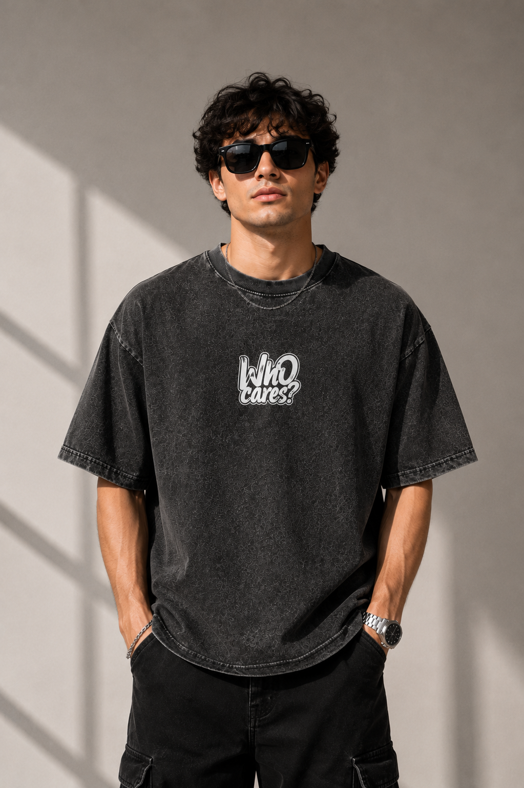 Who Cares? Acid-Wash Graphic T-Shirt