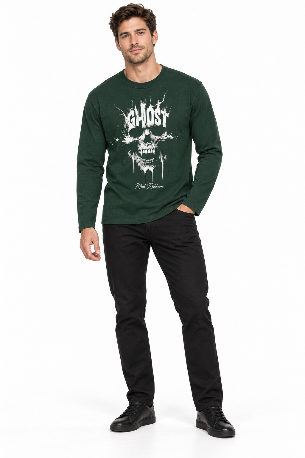 Ghost Skull Graphic Long-Sleeve Tee – Forest Green