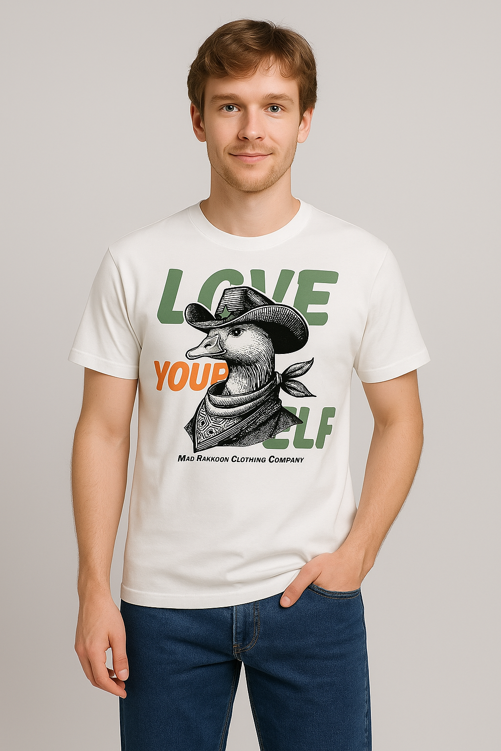 MAD RAKKOON™ “Love Yourself” Cowboy Duck Graphic Tee – 100% Premium Cotton