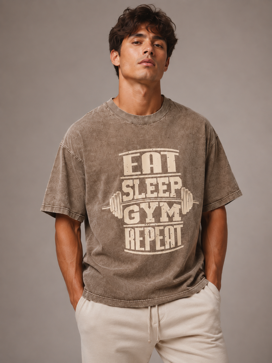 Gym Repeat Acid Wash Brown Oversized Gym T-Shirt