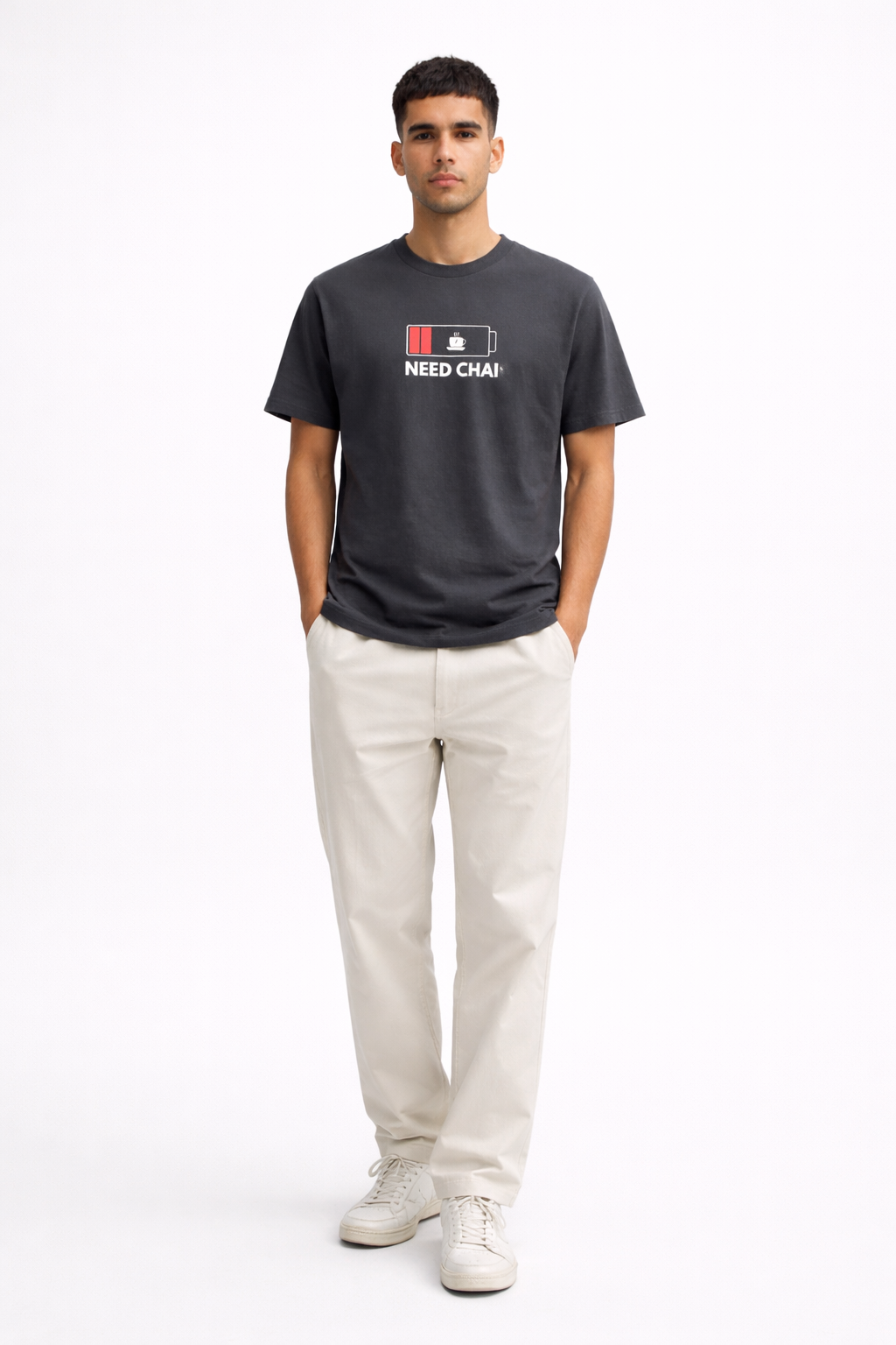 NEED CHAI Graphic T-Shirt – Charcoal Grey Minimal Cotton Tee for Men