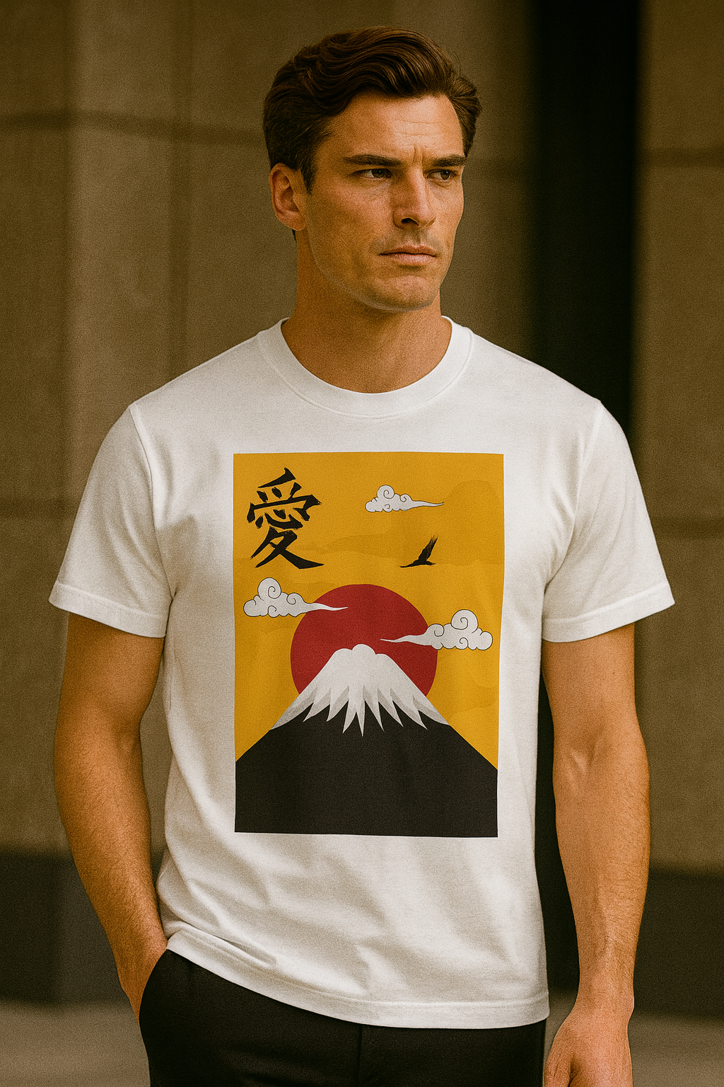 Man wearing a white t-shirt with a graphic design of Mount Fuji and a red sun.