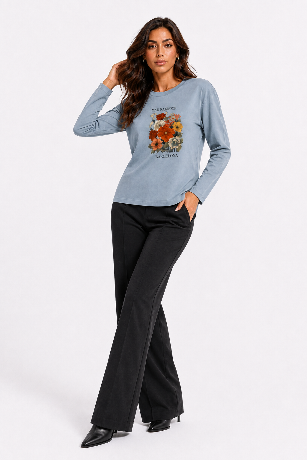 Barcelona Bloom Floral Long-Sleeve Cotton T-Shirt – Dusty Blue