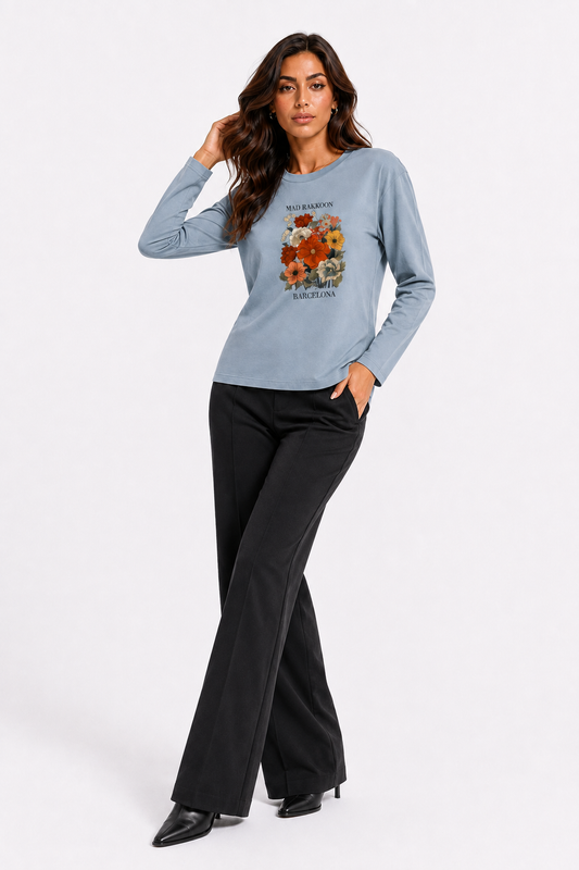 Barcelona Floral Graphic Dusty Blue Long Sleeve T-Shirt – Regular Fit