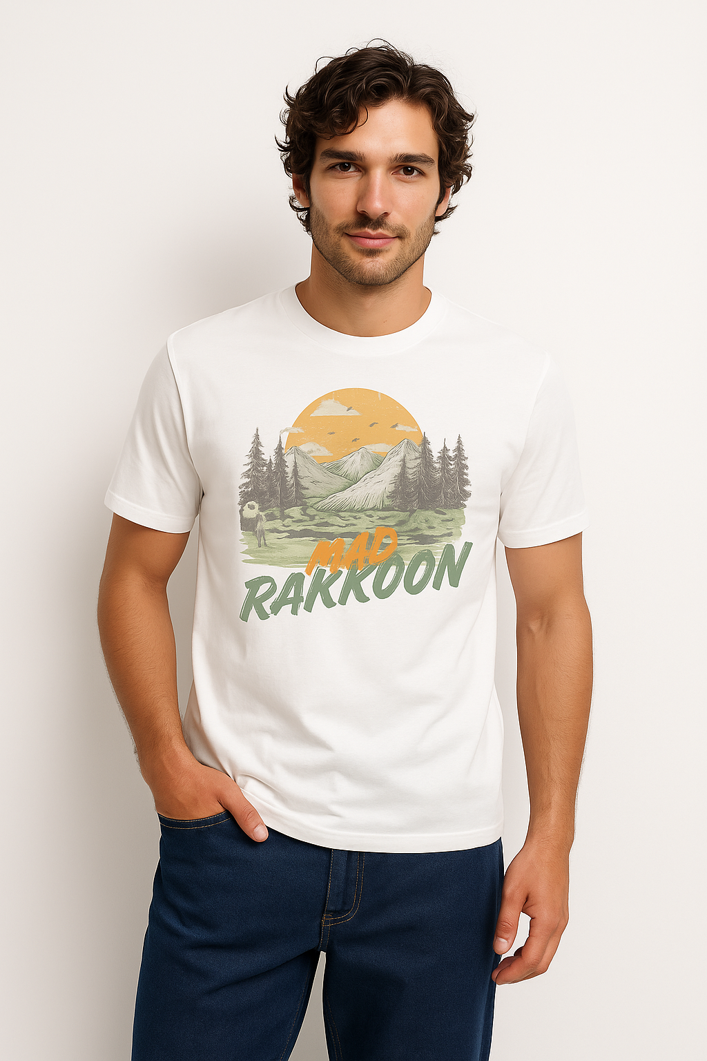 .MAD RAKKOON™ Mountain Sunrise Graphic Tee – 100% Cotton Premium White T-Shirt