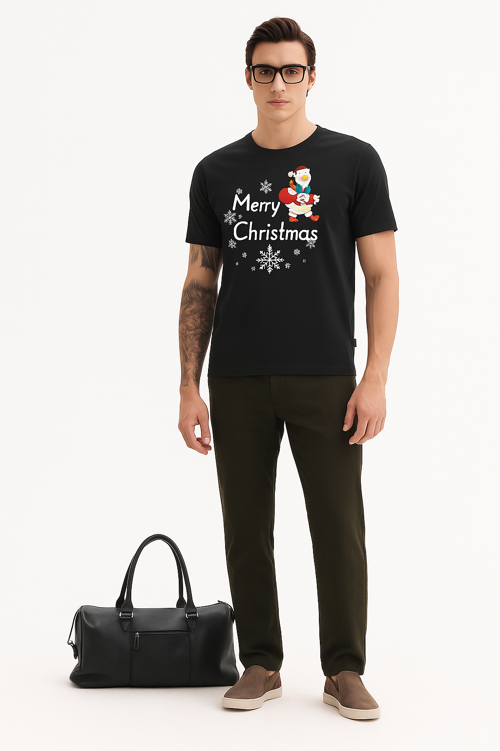 Cute Santa Duck Christmas Tee – Winter Snowflake Print Black Color T shirt