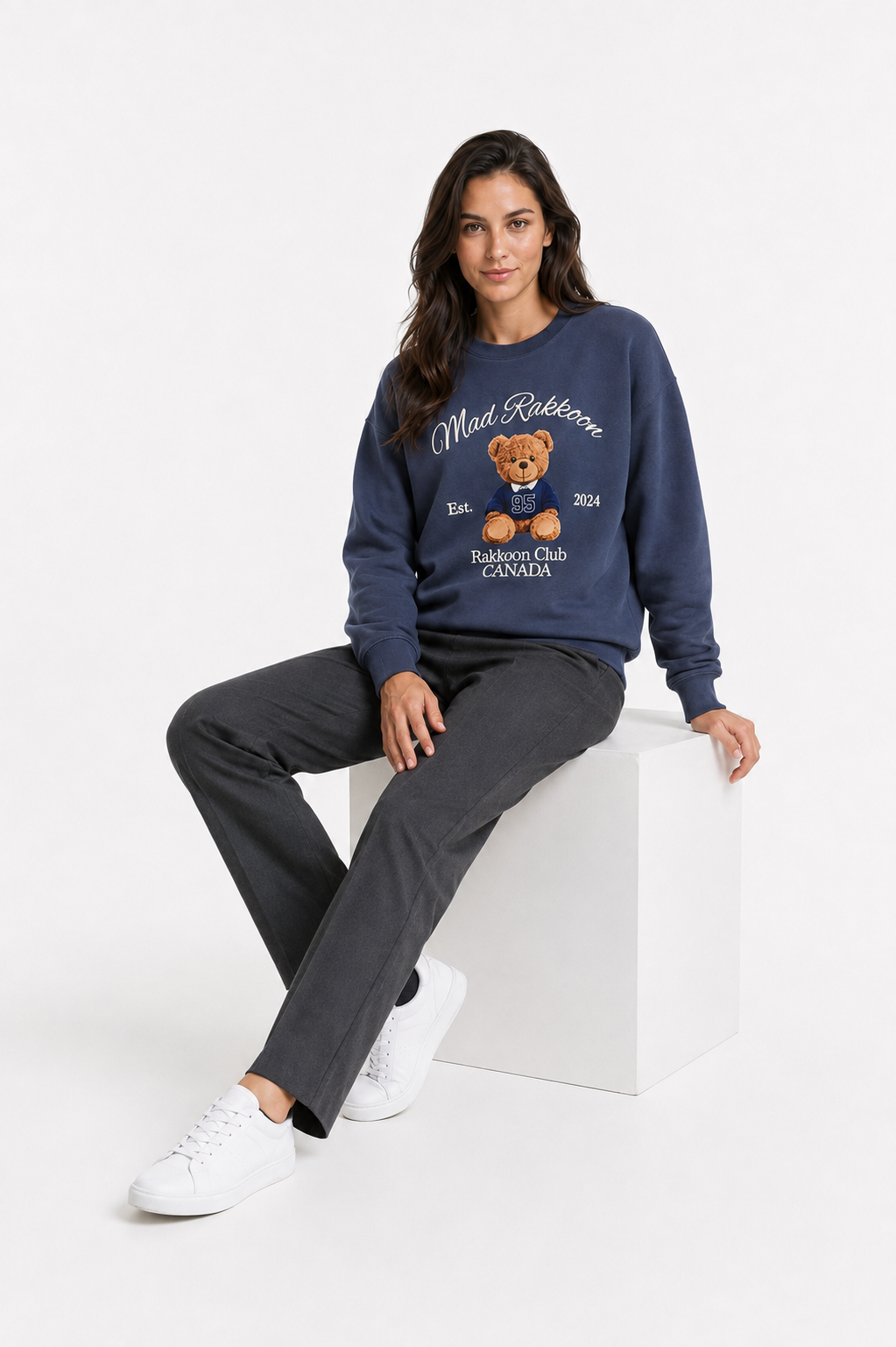 Mad Rakkoon Teddy Club Puff-Print Sweatshirt – Navy