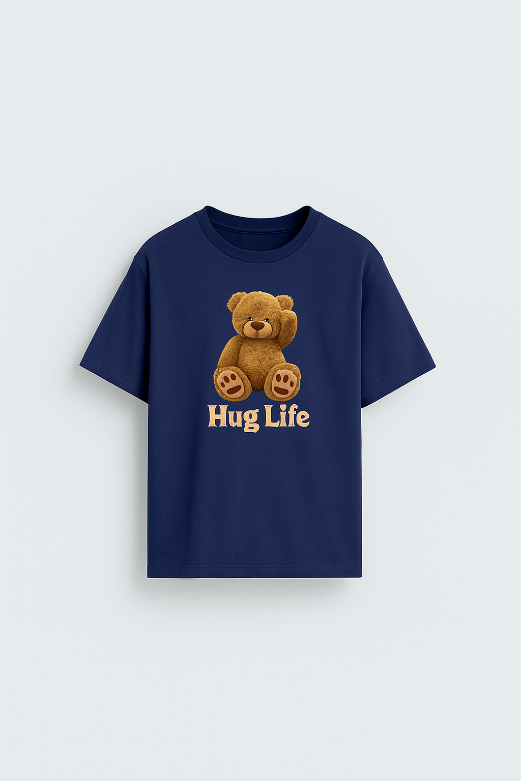 Hug Life Bear Tee – 100% Cotton Navy Blue T-Shirt