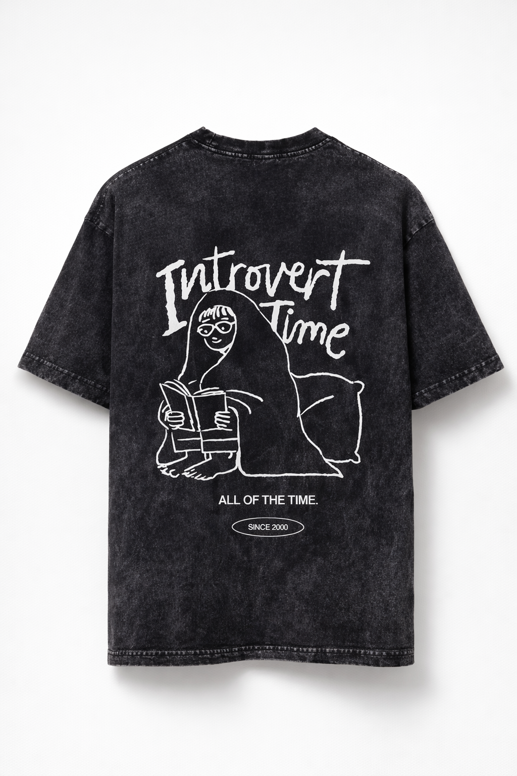 Introvert Time Black Acid Wash Oversized T-Shirt 240 GSM 100% Pure Cotton