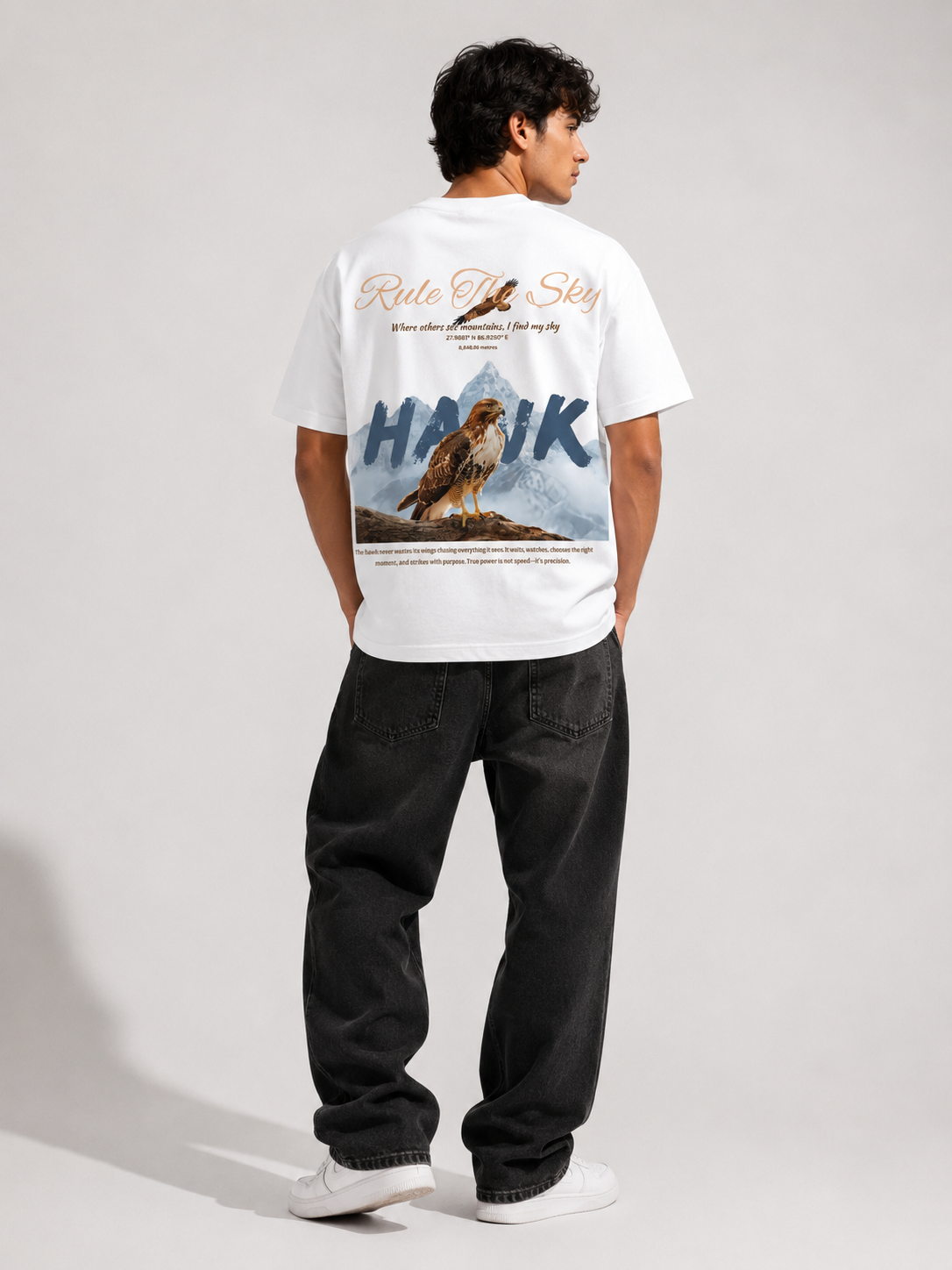 Rule the Sky Hawk Graphic T-Shirt – White Relaxed Fit