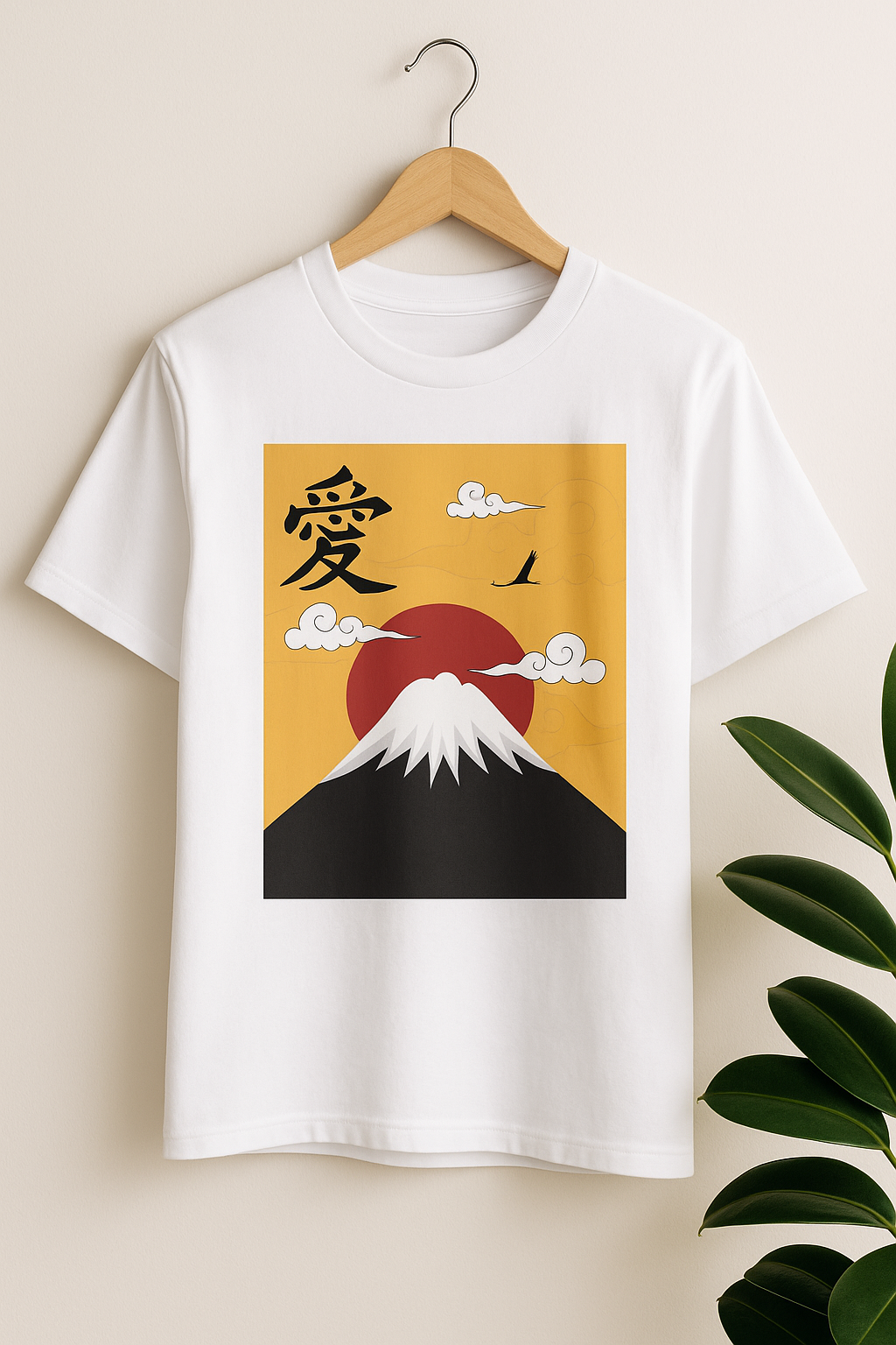 White t-shirt with Mount Fuji and red sun design on a beige background