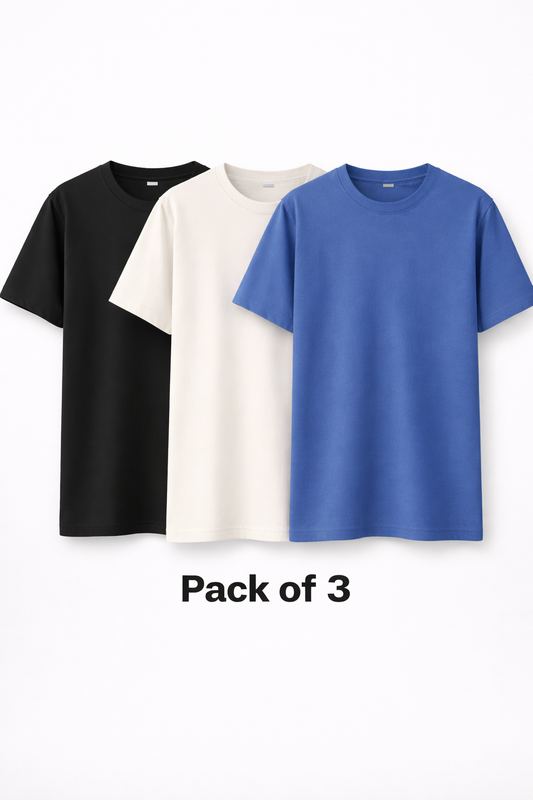 Premium Cotton T-Shirts – Black, Off-White & Blue Crew Neck Everyday Essential