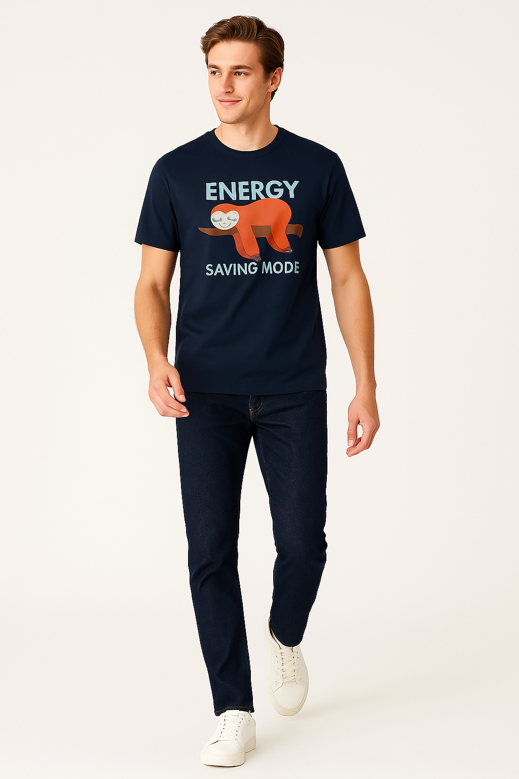 Energy Saving Mode Sloth T-Shirt – Navy Blue | 100% Cotton Comfort Tee