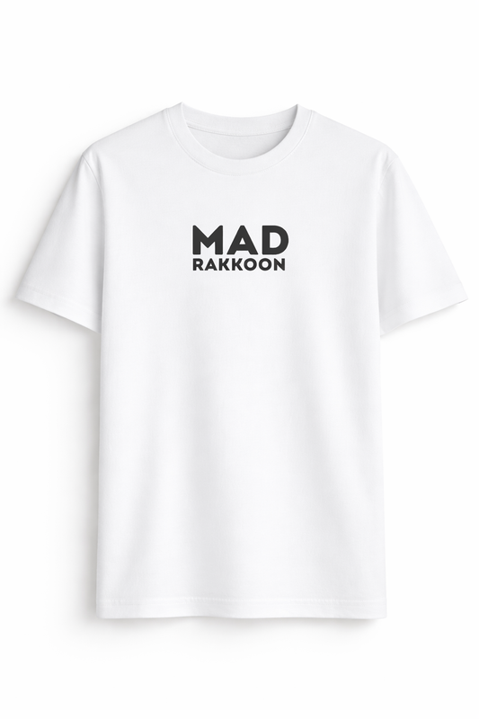 Mad Rakkoon Signature White T-Shirt – 220 GSM Premium Cotton | Minimal Logo Edition