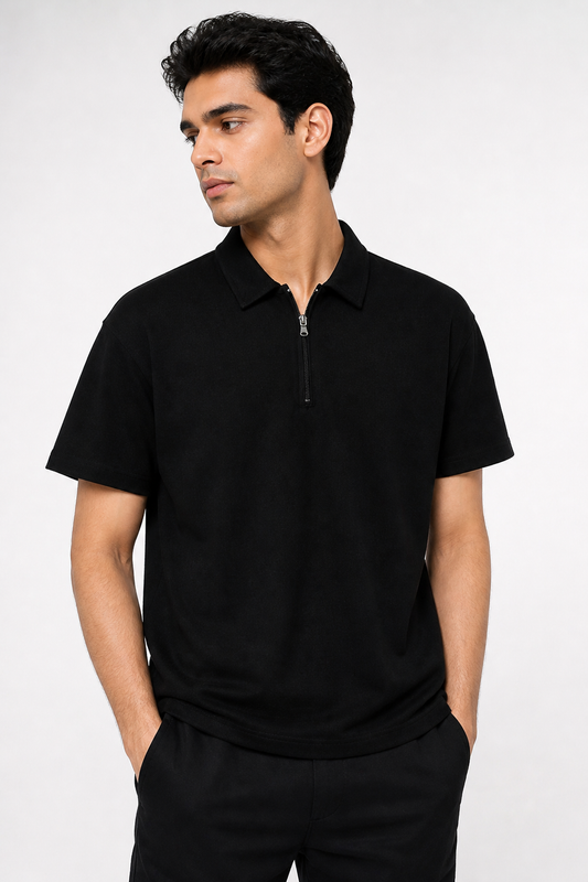 Relaxed Fit Zip Polo – Cotton Blend! Black