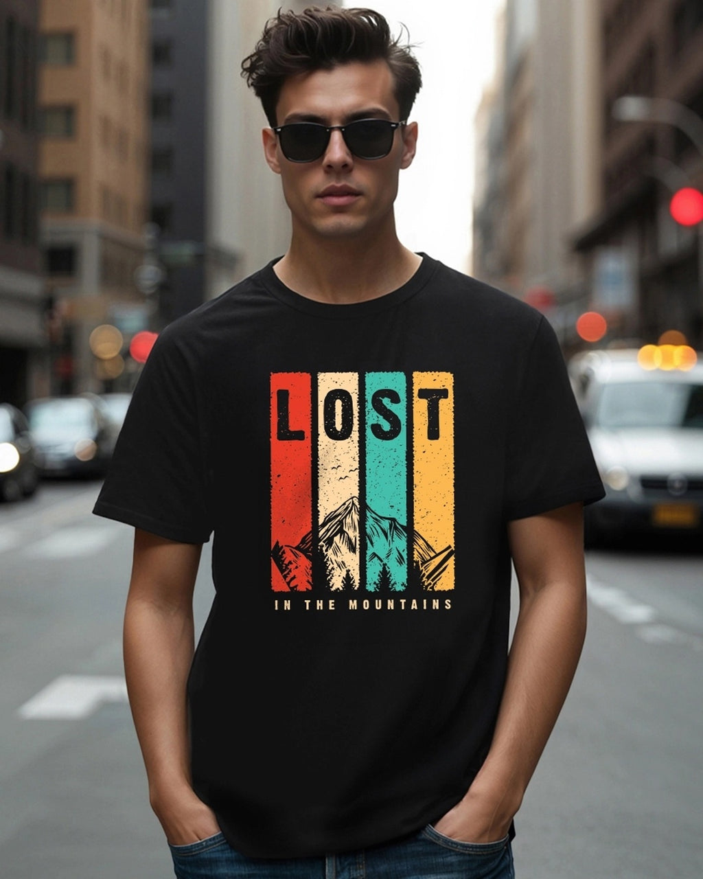 Lost In The Mountains – Premium Black Adventure Tee | Designed in BC by Mad Rakkoon (Proudly Canadian)