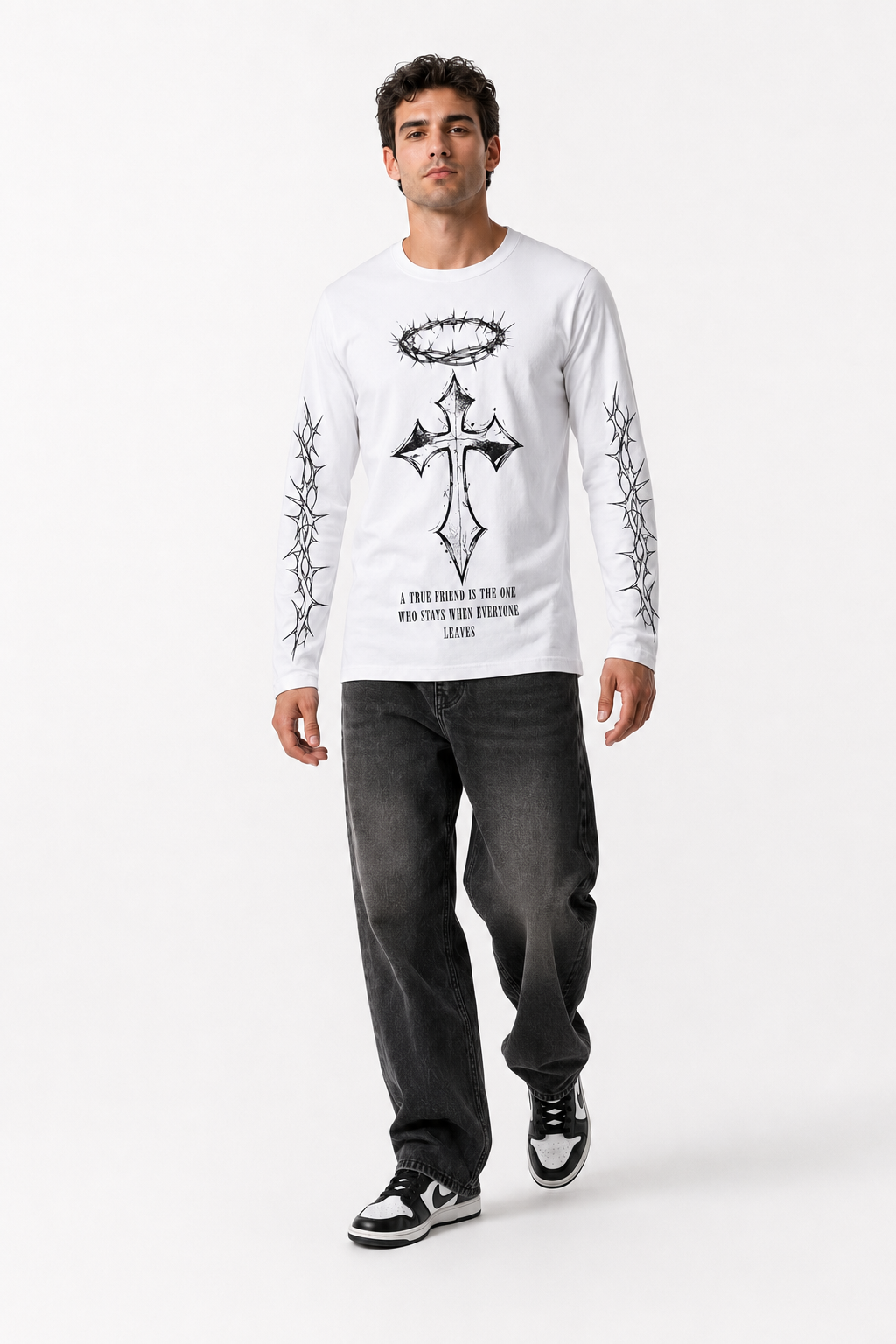 True Friend Cross Graphic White Long Sleeve T-Shirt – Regular Fit
